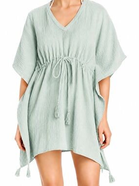 ECHO Gauze Butterfly Short Caftan Mint Green Swim Coverup w Tassels ONE SIZE
